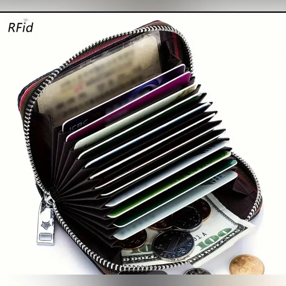 RFID Blocking Slim Card Case Wallet Genuine Leather Wine Red